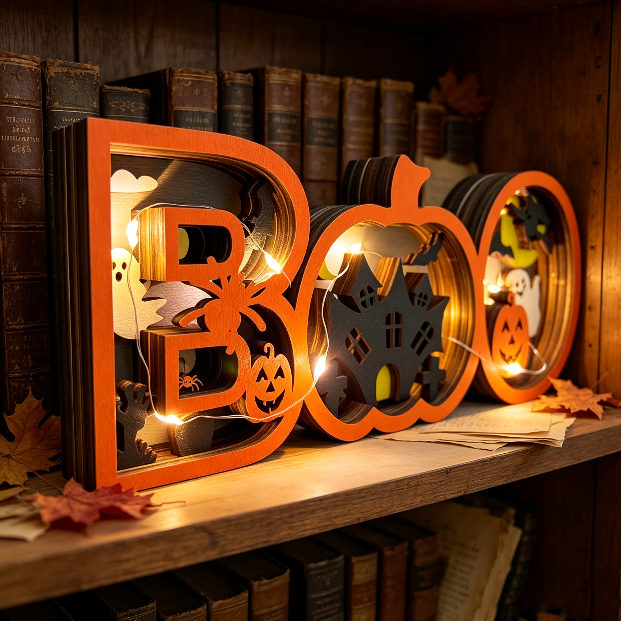 Light-Up Wooden BOO Halloween Sign – 3D Layered Ghost & Pumpkin Tabletop Decor, Spooky Seasonal Home Decoration
