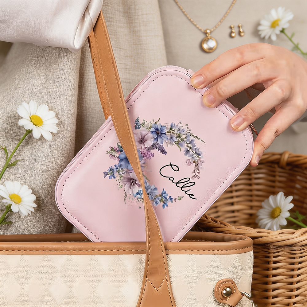 Personalized Birth Flower Jewelry Box with Name and LED Mirror, Leather Travel Jewelry Organizer Birthday Gift for Women