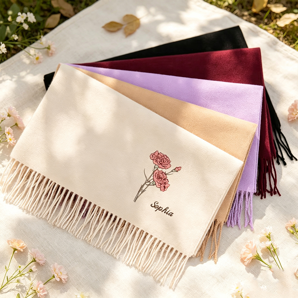 Personalized Birth Flower Tassel Scarf with Name, Custom Soft Winter Scarf, Birthday Gift for Women & Men