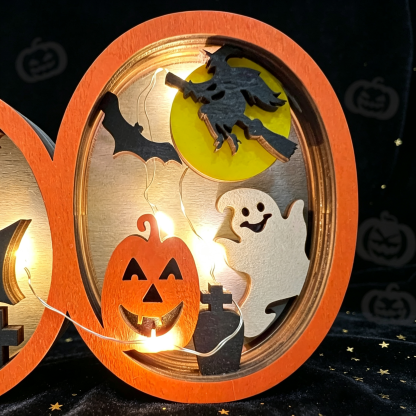 Light-Up Wooden BOO Halloween Sign – 3D Layered Ghost & Pumpkin Tabletop Decor, Spooky Seasonal Home Decoration