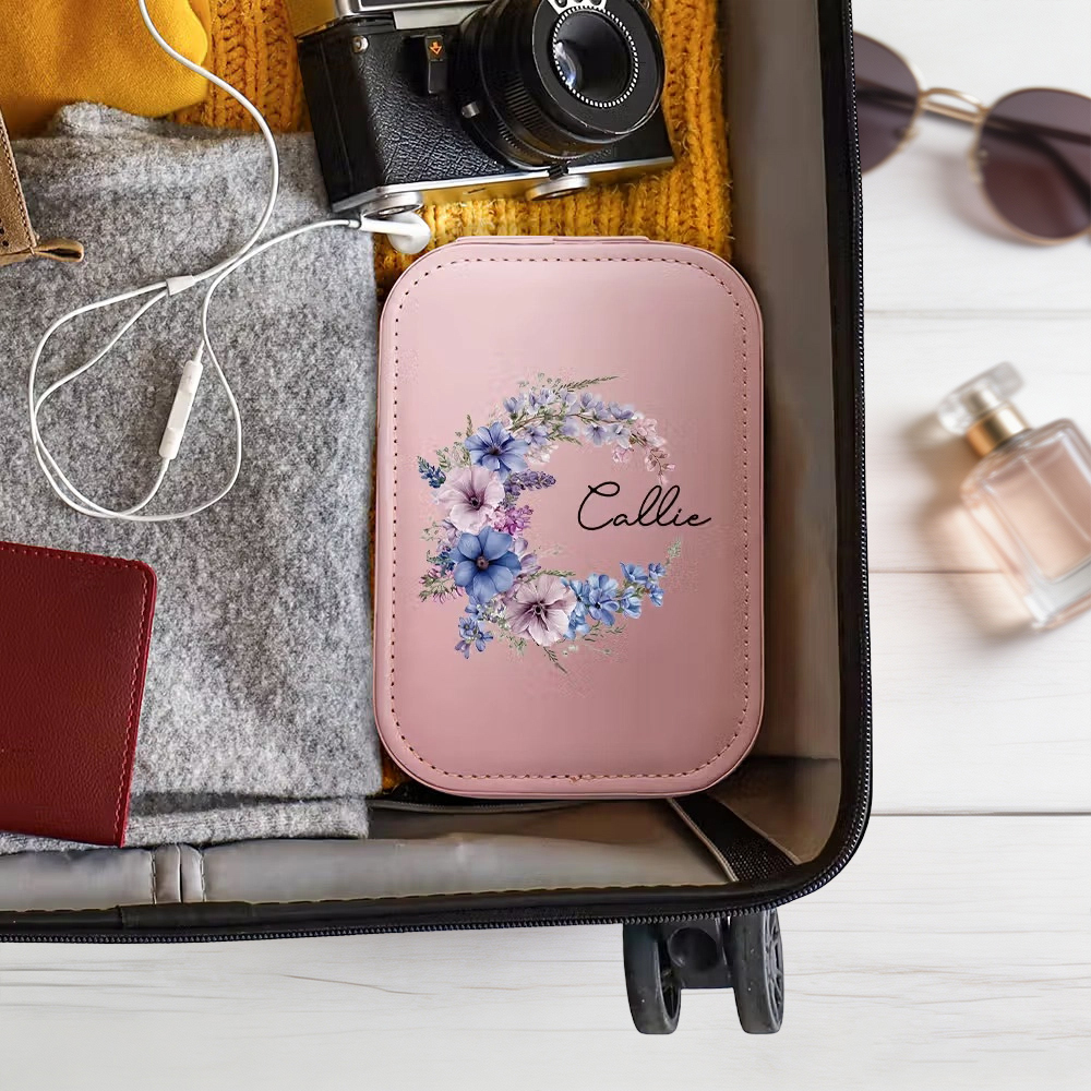 Personalized Birth Flower Jewelry Box with Name and LED Mirror, Leather Travel Jewelry Organizer Birthday Gift for Women