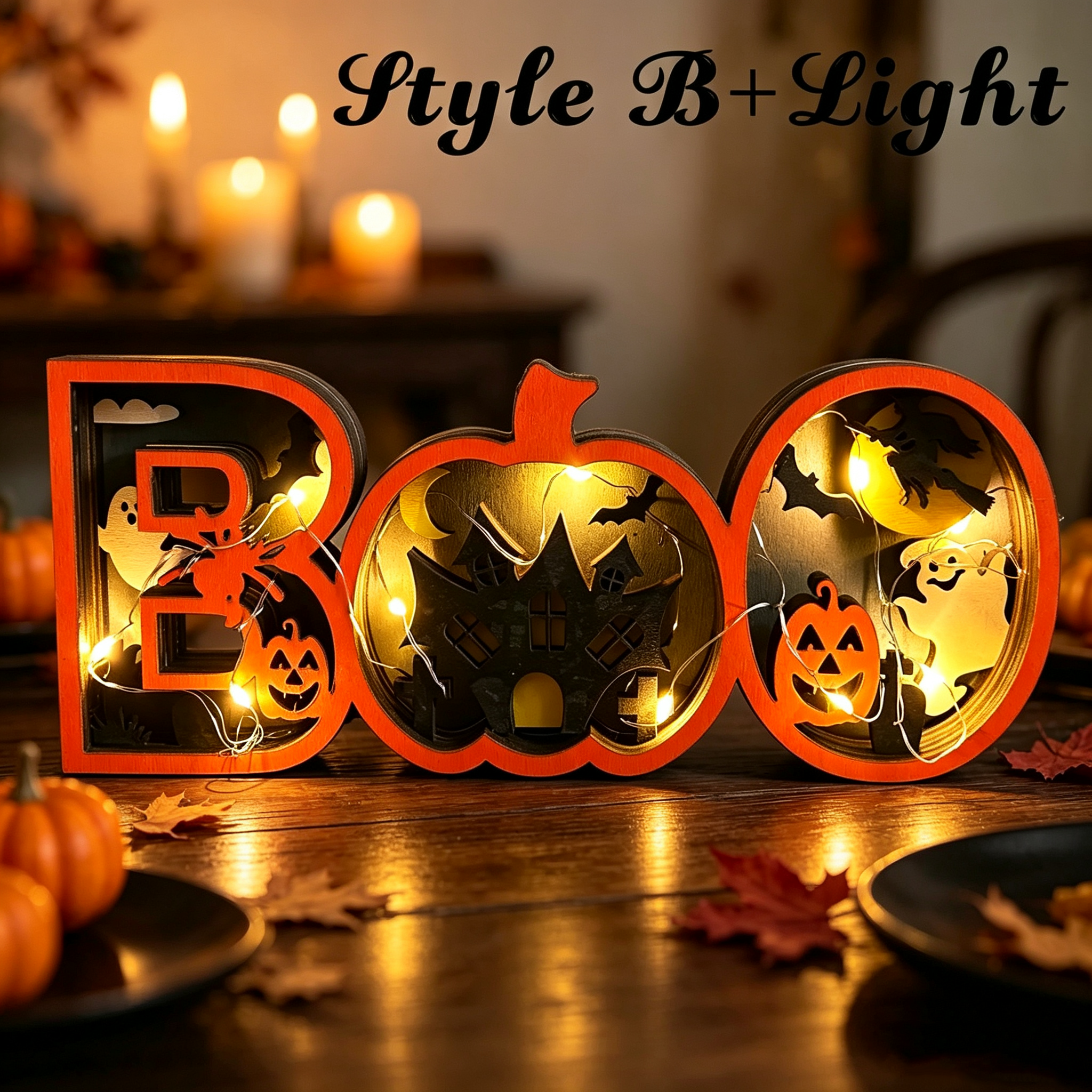 Light-Up Wooden BOO Halloween Sign – 3D Layered Ghost & Pumpkin Tabletop Decor, Spooky Seasonal Home Decoration