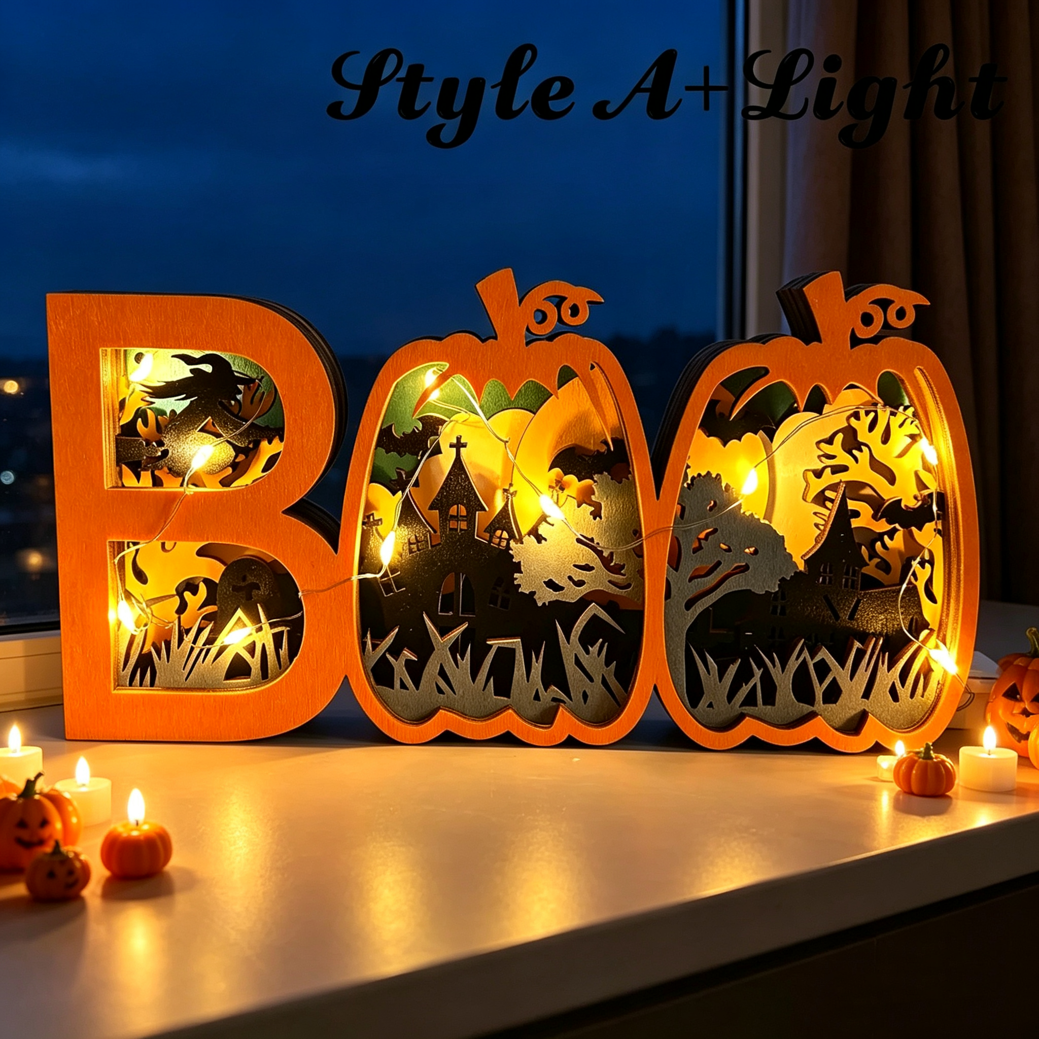 Light-Up Wooden BOO Halloween Sign – 3D Layered Ghost & Pumpkin Tabletop Decor, Spooky Seasonal Home Decoration