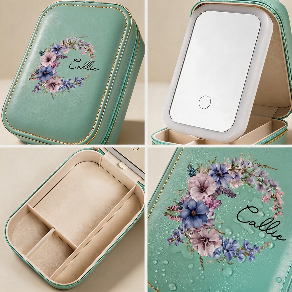 Personalized Birth Flower Jewelry Box with Name and LED Mirror, Leather Travel Jewelry Organizer Birthday Gift for Women