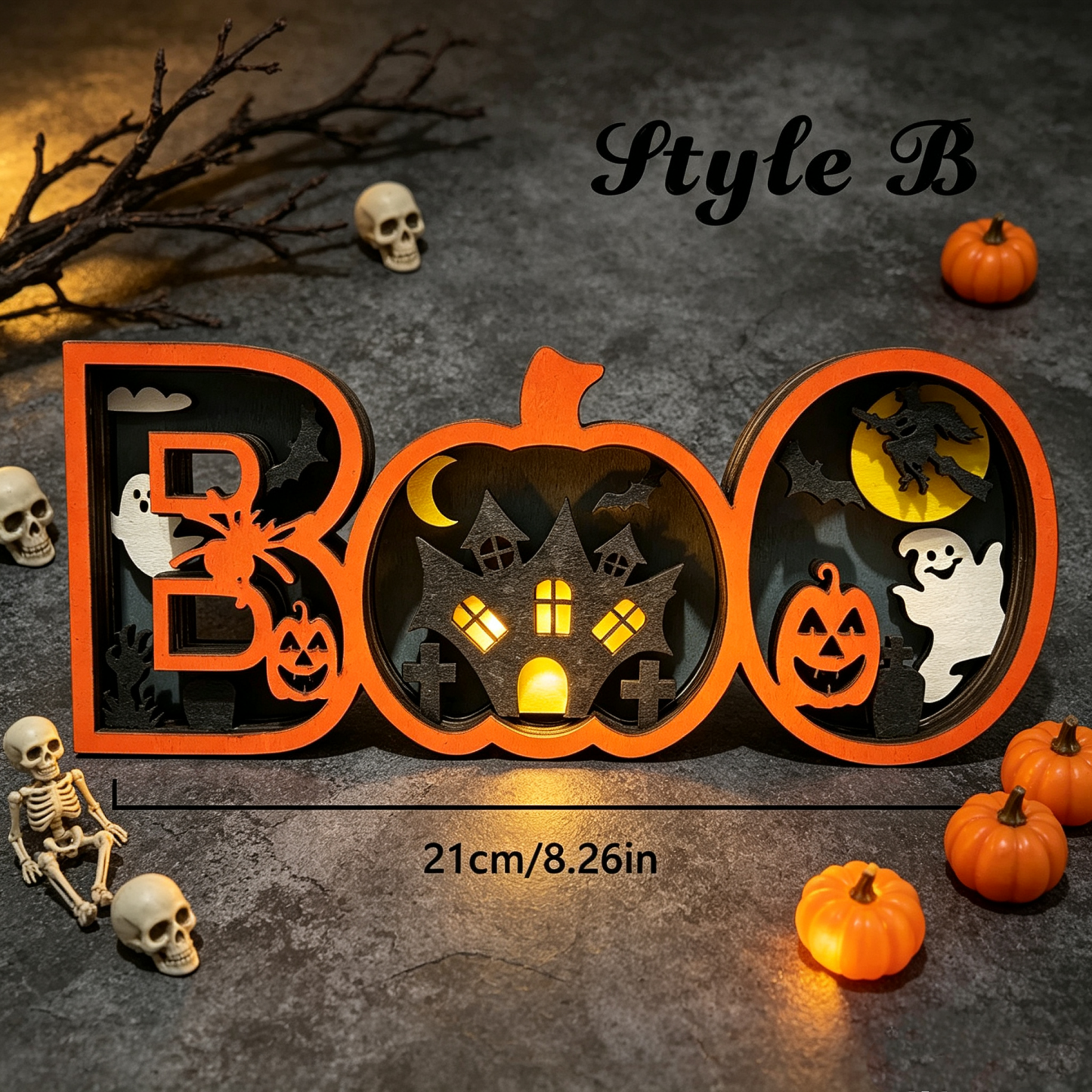 Light-Up Wooden BOO Halloween Sign – 3D Layered Ghost & Pumpkin Tabletop Decor, Spooky Seasonal Home Decoration