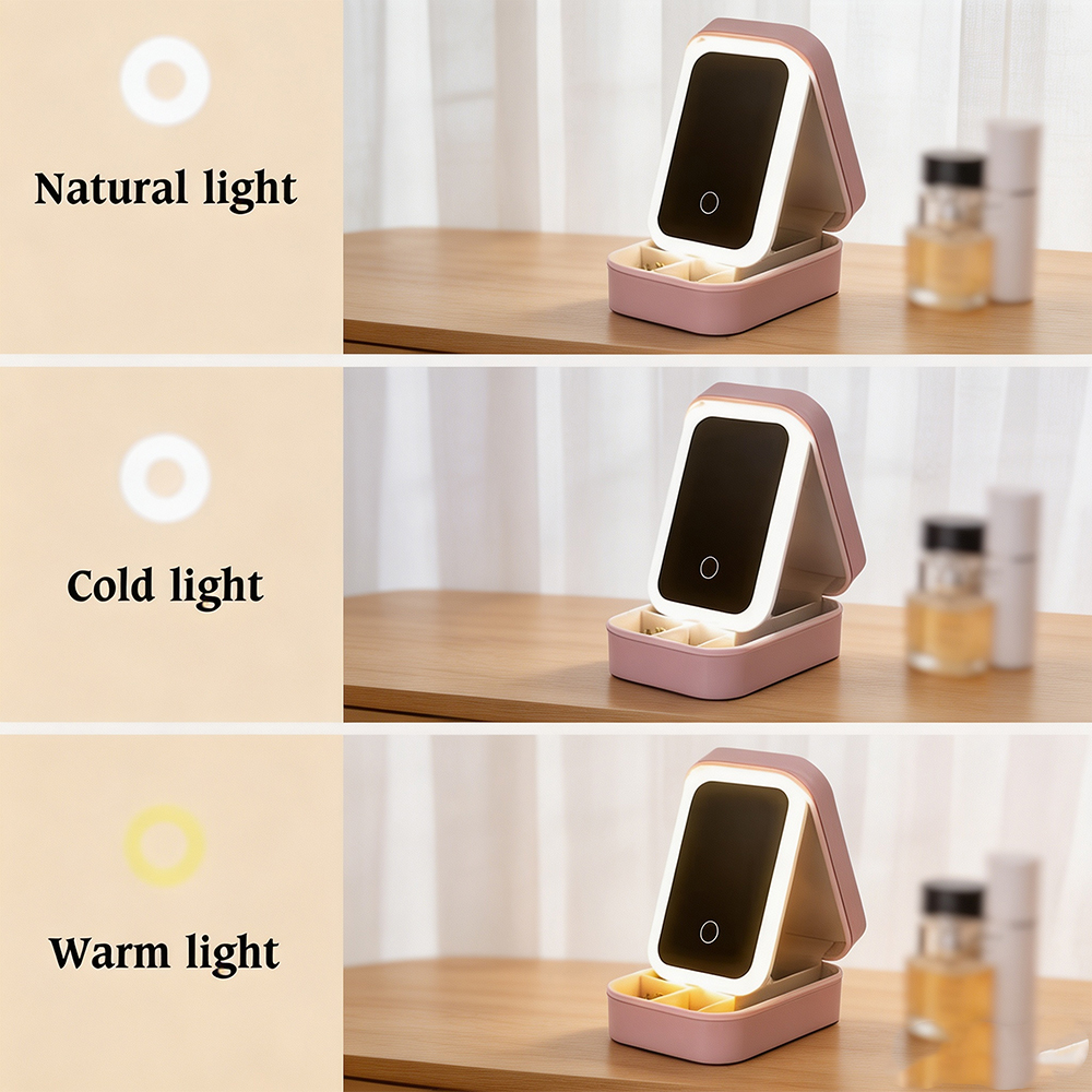 Personalized Birth Flower Jewelry Box with Name and LED Mirror, Leather Travel Jewelry Organizer Birthday Gift for Women