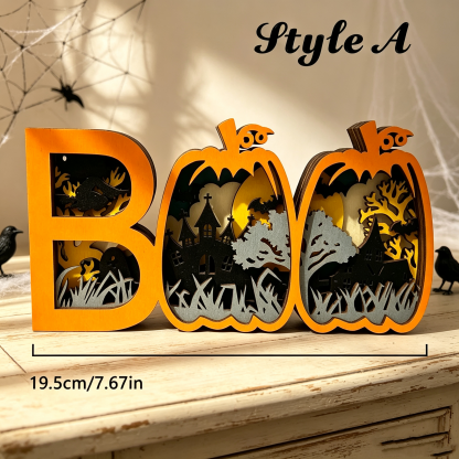 Light-Up Wooden BOO Halloween Sign – 3D Layered Ghost & Pumpkin Tabletop Decor, Spooky Seasonal Home Decoration