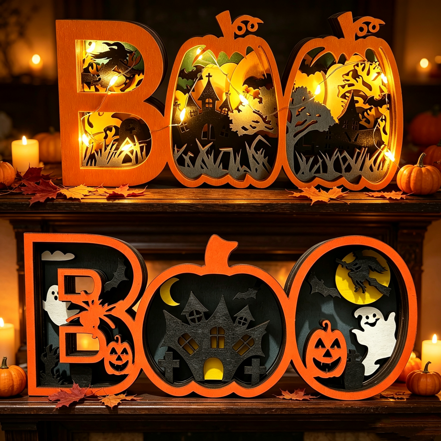 Light-Up Wooden BOO Halloween Sign – 3D Layered Ghost & Pumpkin Tabletop Decor, Spooky Seasonal Home Decoration