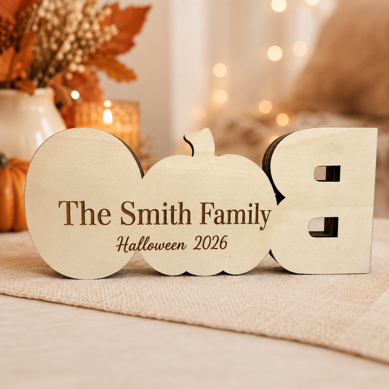 Light-Up Wooden BOO Halloween Sign – 3D Layered Ghost & Pumpkin Tabletop Decor, Spooky Seasonal Home Decoration