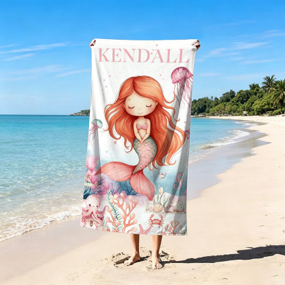 Personalized Mermaid Beach Towel with Name, Cute Ocean Theme Quick Dry Absorbent Towel for Girls Summer Vacation Gift