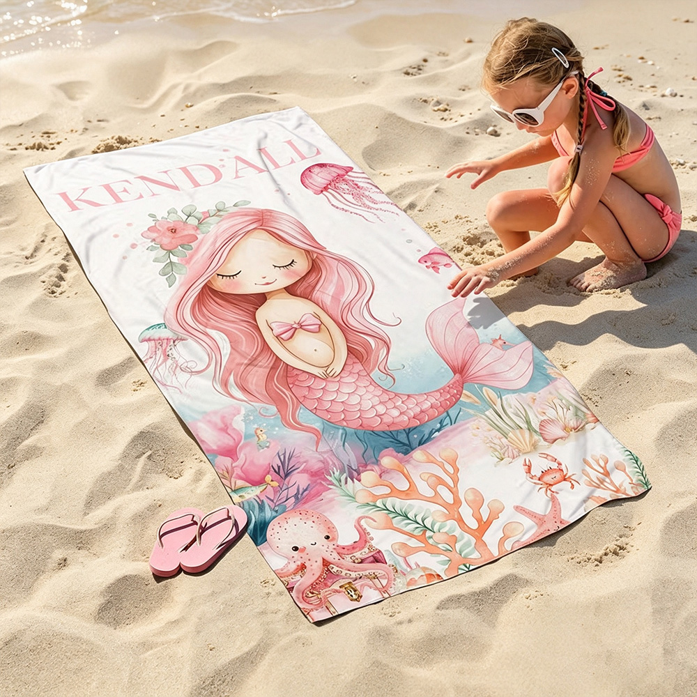 Personalized Mermaid Beach Towel with Name, Cute Ocean Theme Quick Dry Absorbent Towel for Girls Summer Vacation Gift