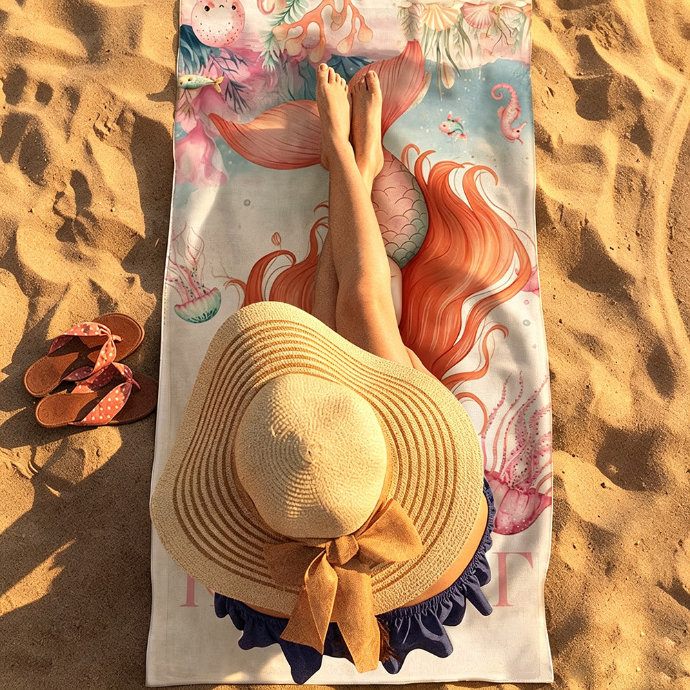 Personalized Mermaid Beach Towel with Name, Cute Ocean Theme Quick Dry Absorbent Towel for Girls Summer Vacation Gift