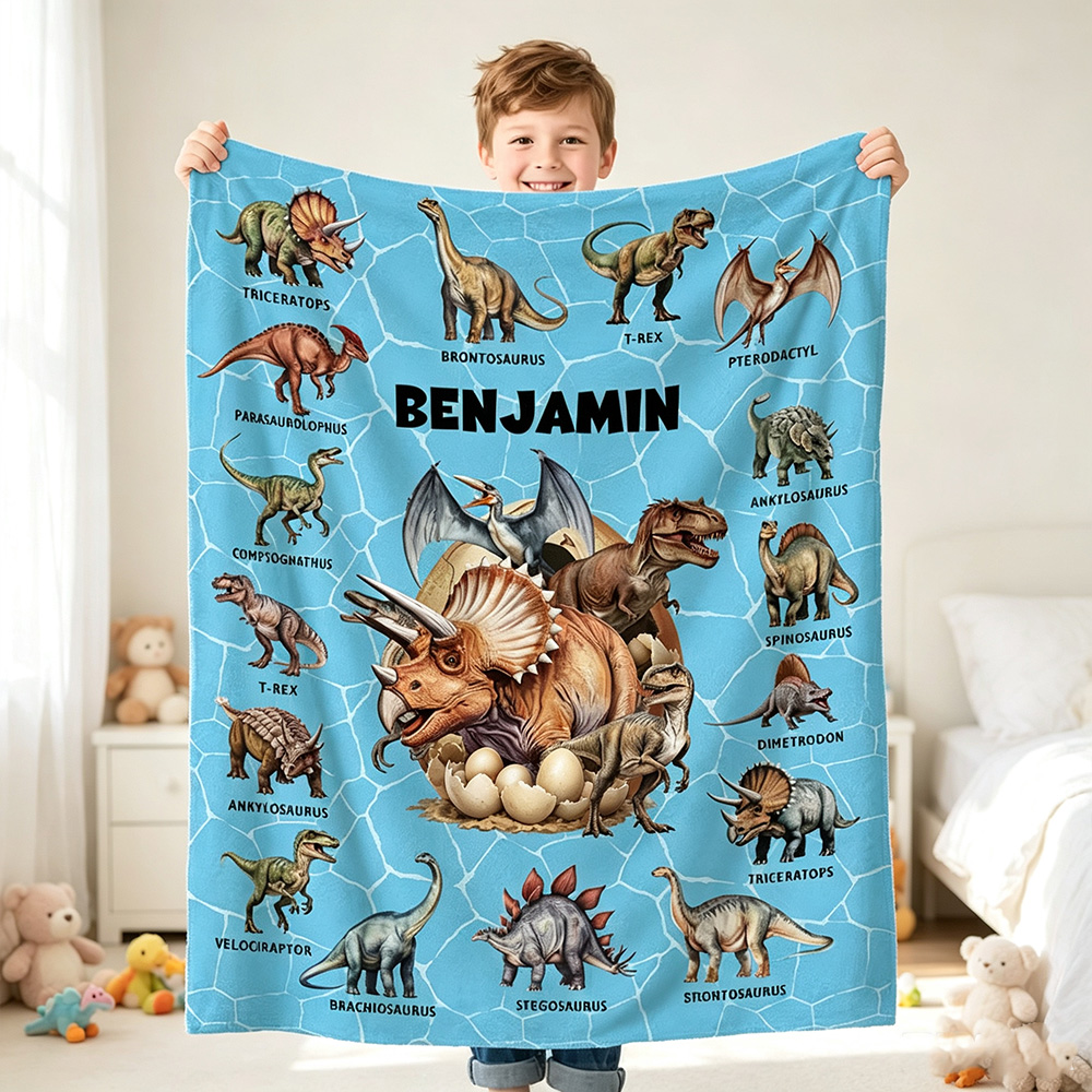 Personalized Dinosaur Throw Blanket with Name, Custom Soft Multicolor Blanket, Birthday Gift for Kids & Dinosaur Lovers