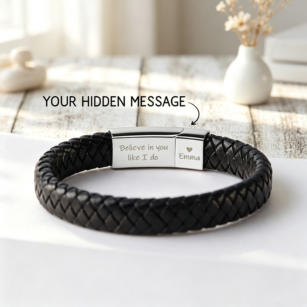 Personalized Men’s Leather Bracelet – Custom Hidden Message Engraving, Meaningful Gift for Husband, Boyfriend or Dad