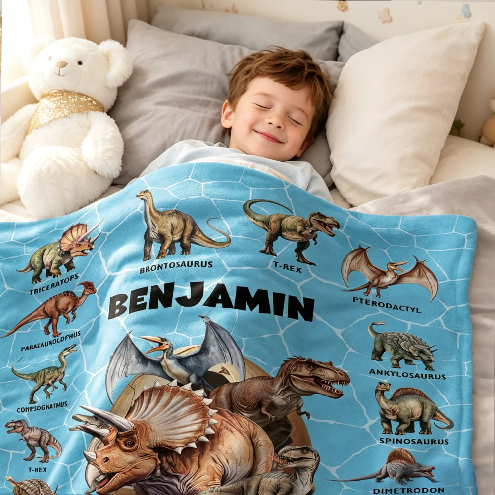 Personalized Dinosaur Throw Blanket with Name, Custom Soft Multicolor Blanket, Birthday Gift for Kids & Dinosaur Lovers