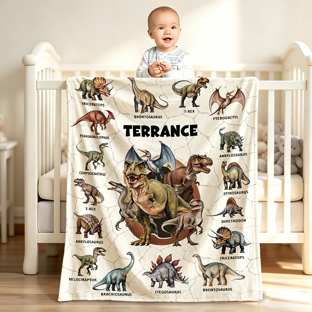 Personalized Dinosaur Throw Blanket with Name, Custom Soft Multicolor Blanket, Birthday Gift for Kids & Dinosaur Lovers