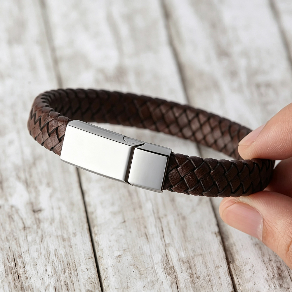 Personalized Men’s Leather Bracelet – Custom Hidden Message Engraving, Meaningful Gift for Husband, Boyfriend or Dad