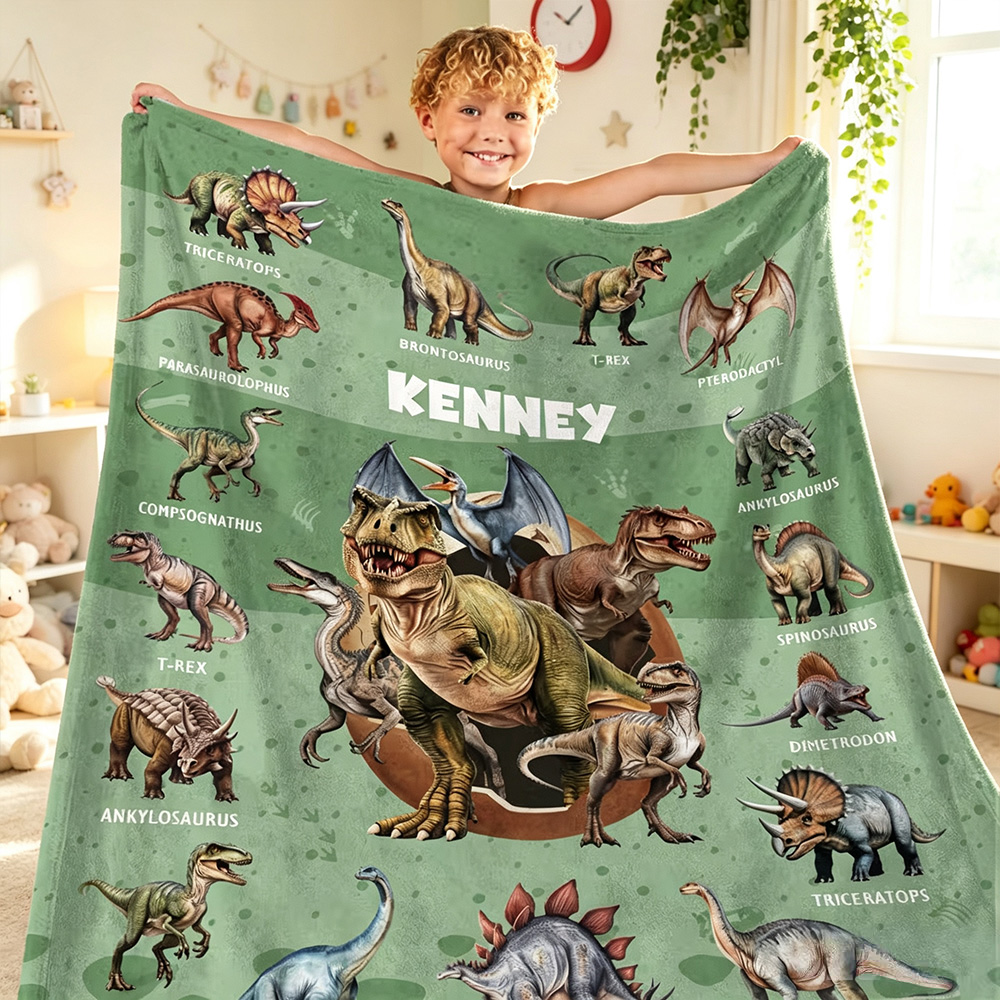 Personalized Dinosaur Throw Blanket with Name, Custom Soft Multicolor Blanket, Birthday Gift for Kids & Dinosaur Lovers
