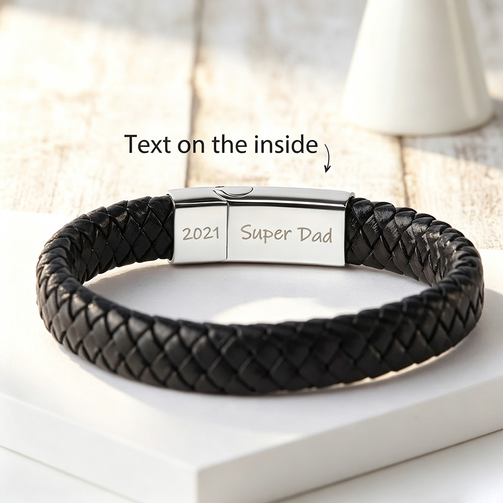 Personalized Men’s Leather Bracelet – Custom Hidden Message Engraving, Meaningful Gift for Husband, Boyfriend or Dad