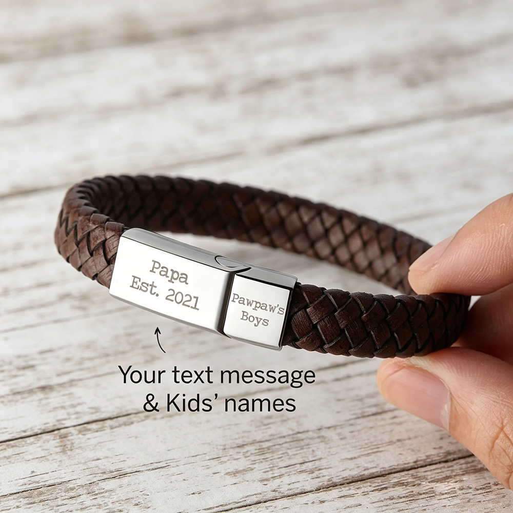 Personalized Men’s Leather Bracelet – Custom Hidden Message Engraving, Meaningful Gift for Husband, Boyfriend or Dad