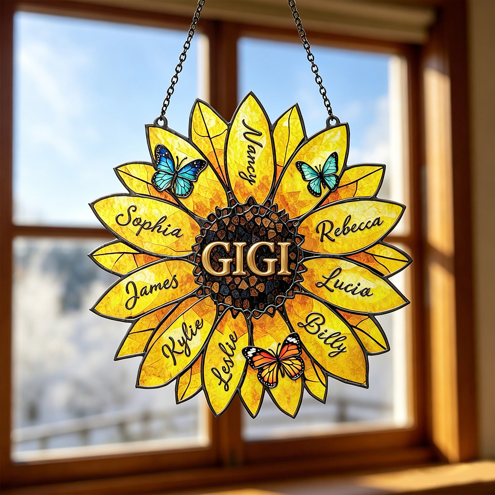 Personalized Sunflower Family Name Suncatcher – Custom Stained Glass Window Decor Gift