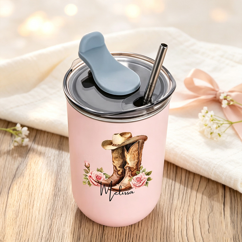 Personalized Western Cowgirl Boots Hat Tumbler with Name, Birth Flower Floral Cup, Custom Cowboy Gift for Women, Birthday Wedding Party Favor