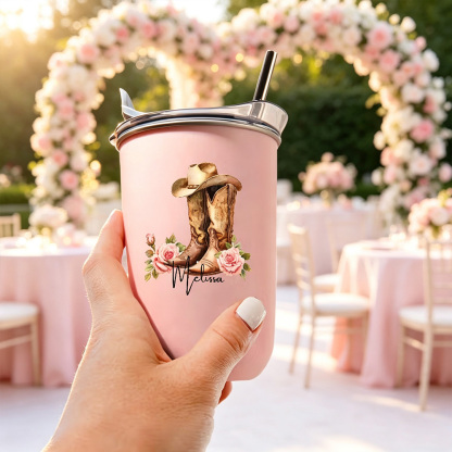 Personalized Western Cowgirl Boots Hat Tumbler with Name, Birth Flower Floral Cup, Custom Cowboy Gift for Women, Birthday Wedding Party Favor