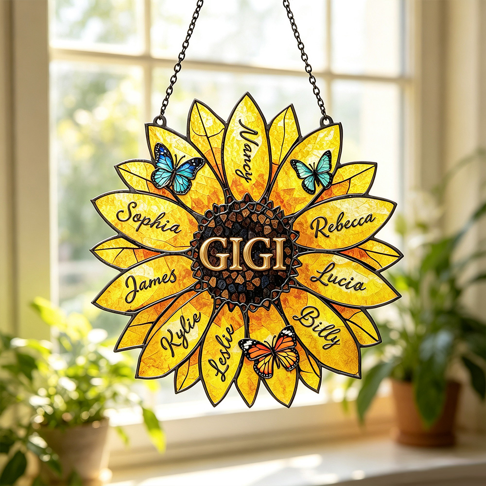 Personalized Sunflower Family Name Suncatcher – Custom Stained Glass Window Decor Gift