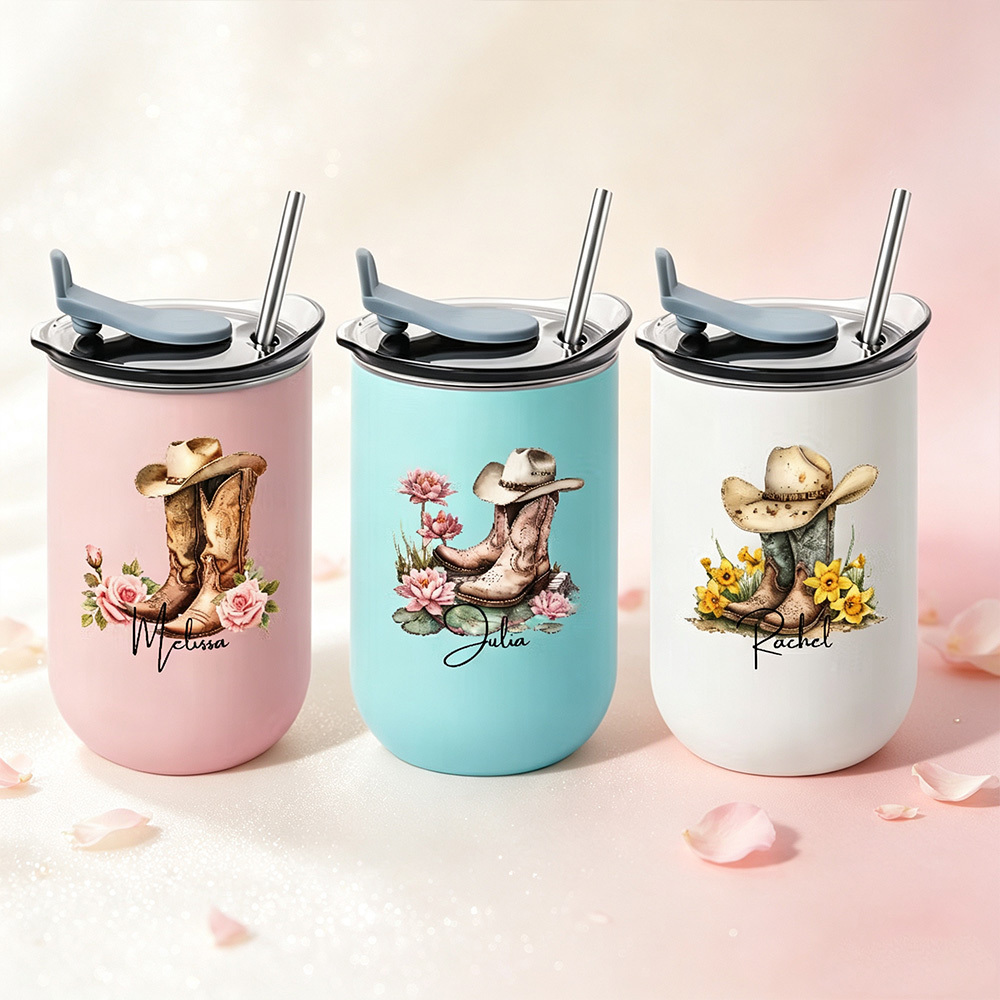 Personalized Western Cowgirl Boots Hat Tumbler with Name, Birth Flower Floral Cup, Custom Cowboy Gift for Women, Birthday Wedding Party Favor