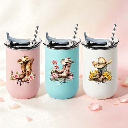 Personalized Western Cowgirl Boots Hat Tumbler with Name, Birth Flower Floral Cup, Custom Cowboy Gift for Women, Birthday Wedding Party Favor