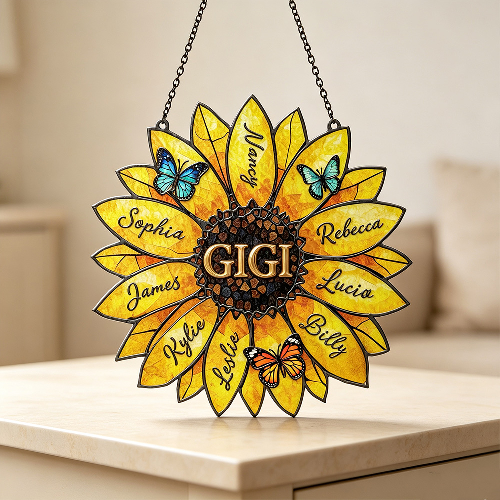 Personalized Sunflower Family Name Suncatcher – Custom Stained Glass Window Decor Gift