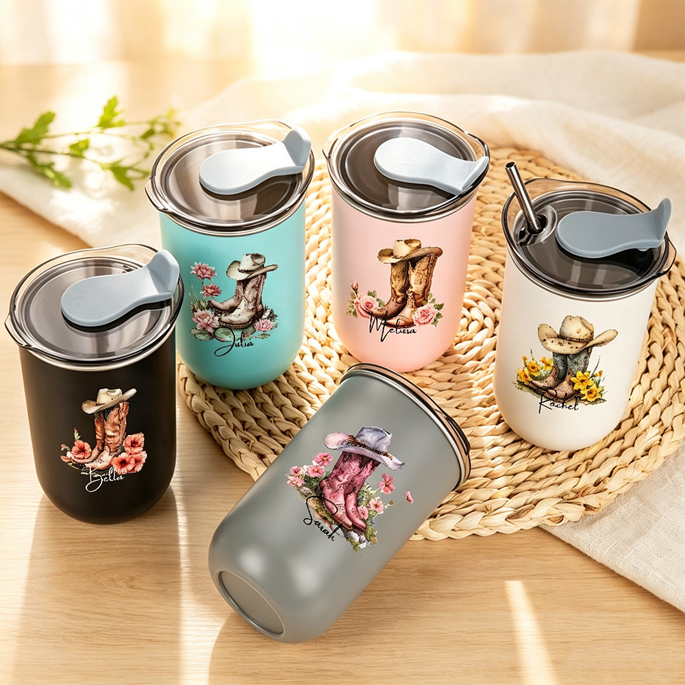 Personalized Western Cowgirl Boots Hat Tumbler with Name, Birth Flower Floral Cup, Custom Cowboy Gift for Women, Birthday Wedding Party Favor