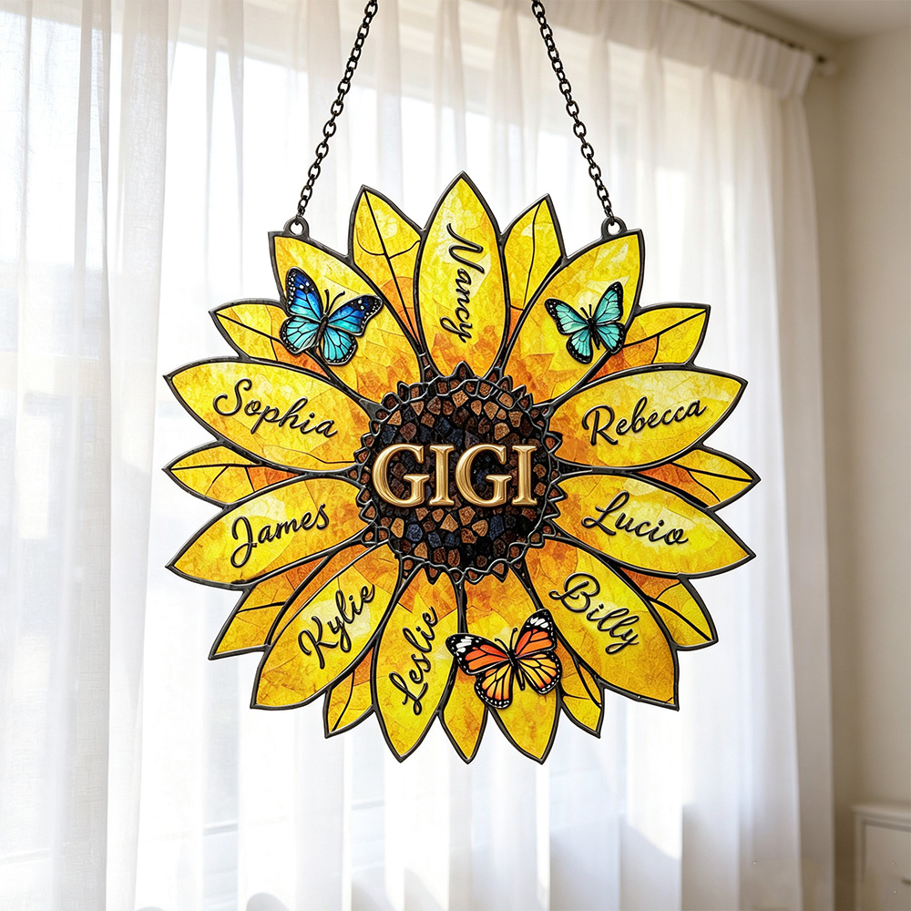 Personalized Sunflower Family Name Suncatcher – Custom Stained Glass Window Decor Gift