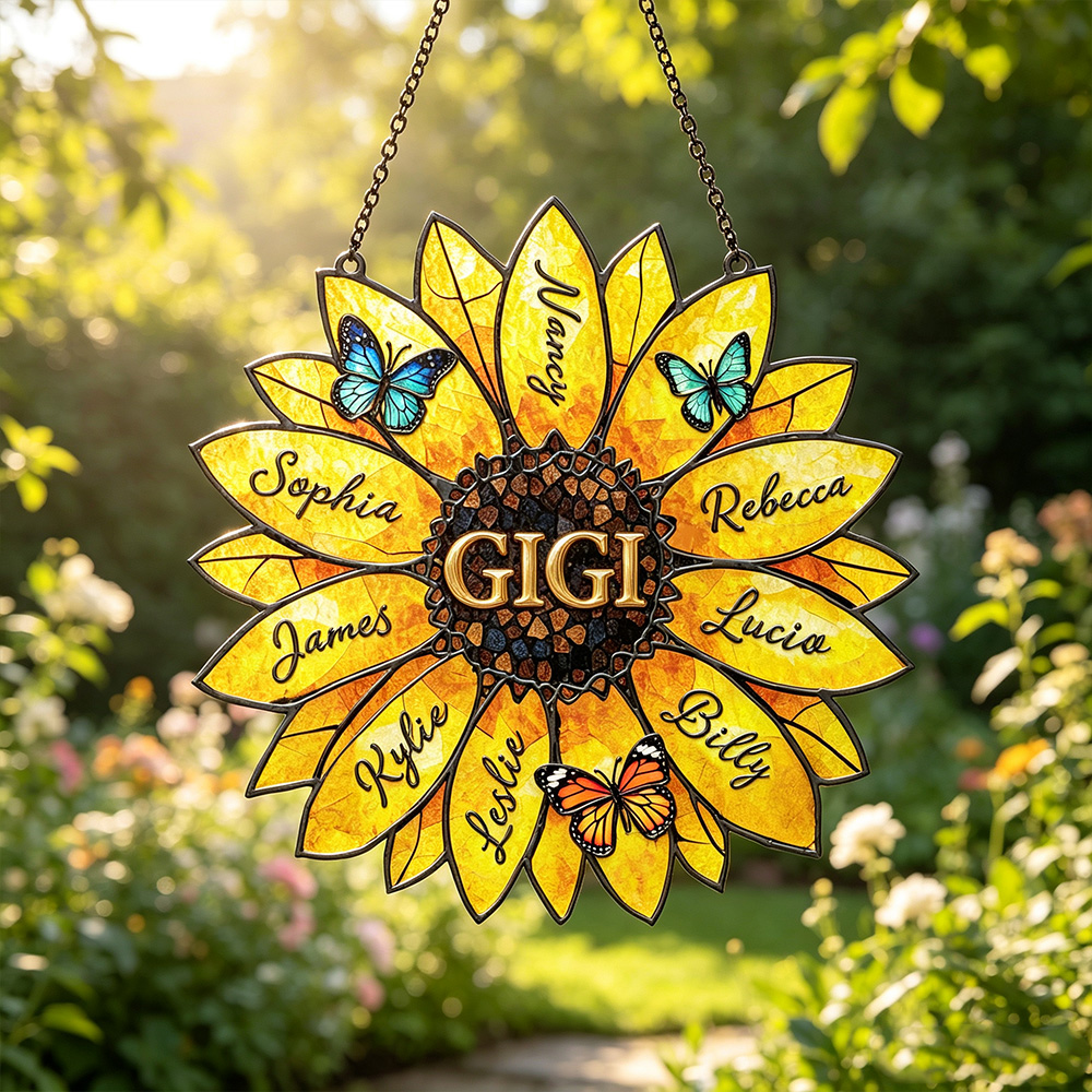 Personalized Sunflower Family Name Suncatcher – Custom Stained Glass Window Decor Gift