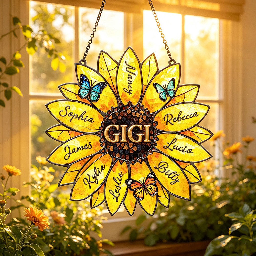 Personalized Sunflower Family Name Suncatcher – Custom Stained Glass Window Decor Gift