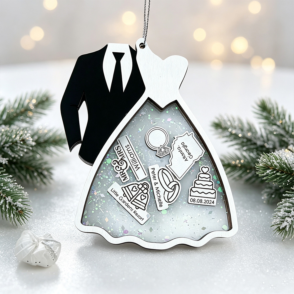 Personalized Bride & Groom Ornament – Custom Wedding Dress and Tuxedo Christmas Tree Decoration