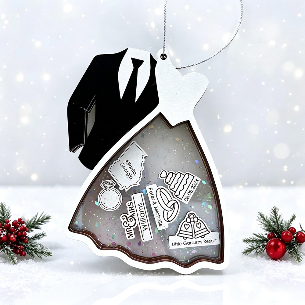 Personalized Bride & Groom Ornament – Custom Wedding Dress and Tuxedo Christmas Tree Decoration