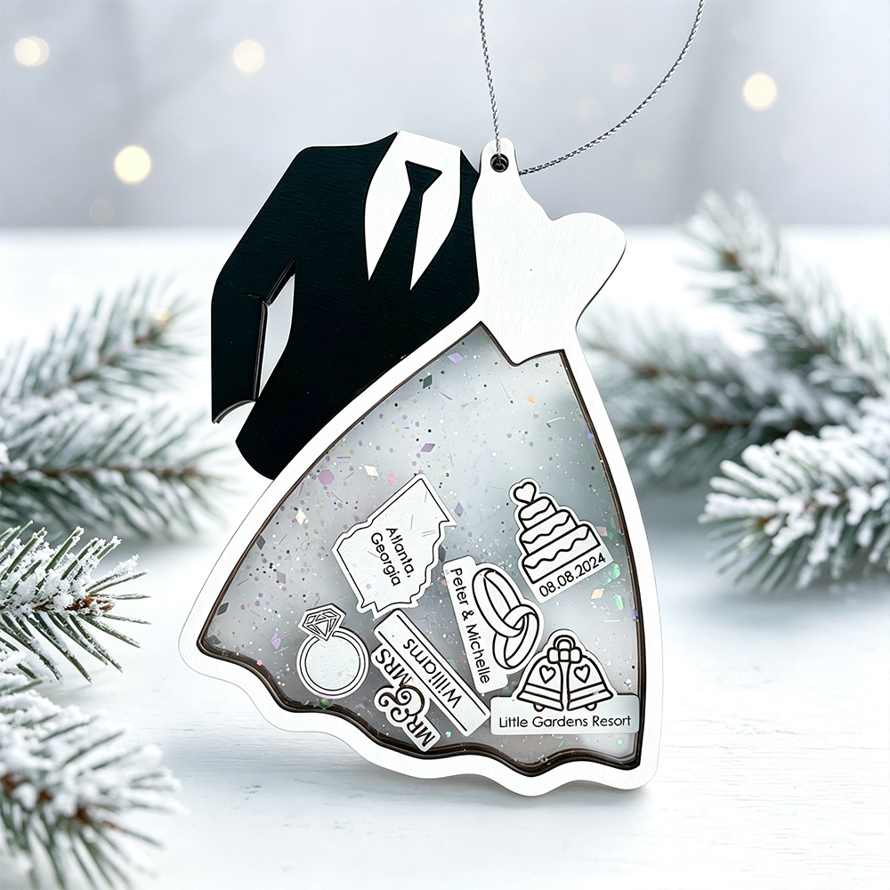Personalized Bride & Groom Ornament – Custom Wedding Dress and Tuxedo Christmas Tree Decoration