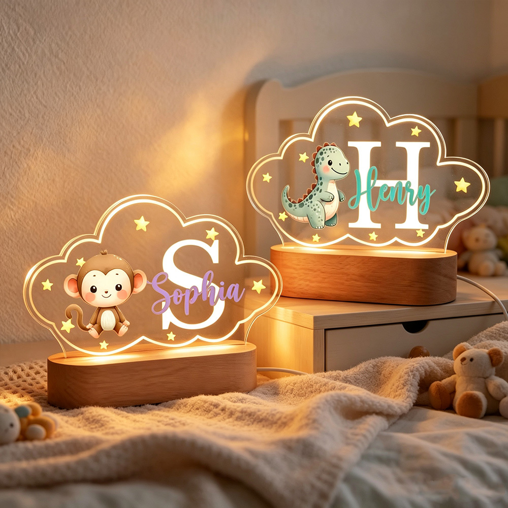 Personalized Bear Cloud LED Night Light with Name, Custom Acrylic Lamp with Wooden Base, Baby Nursery Decor Birthday Christmas Gift for Kids