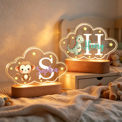 Personalized Bear Cloud LED Night Light with Name, Custom Acrylic Lamp with Wooden Base, Baby Nursery Decor Birthday Christmas Gift for Kids