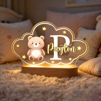 Personalized Bear Cloud LED Night Light with Name, Custom Acrylic Lamp with Wooden Base, Baby Nursery Decor Birthday Christmas Gift for Kids