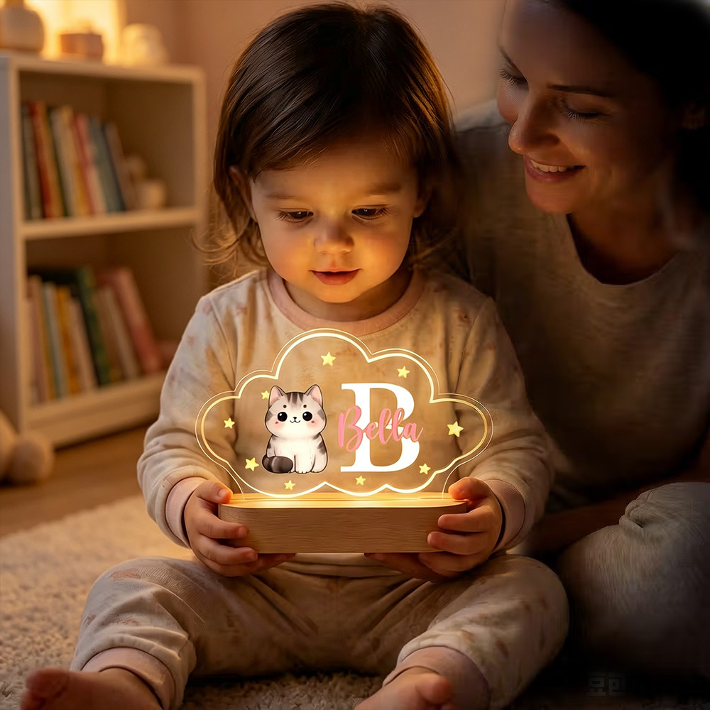 Personalized Bear Cloud LED Night Light with Name, Custom Acrylic Lamp with Wooden Base, Baby Nursery Decor Birthday Christmas Gift for Kids