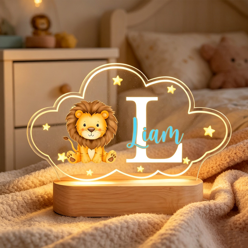 Personalized Bear Cloud LED Night Light with Name, Custom Acrylic Lamp with Wooden Base, Baby Nursery Decor Birthday Christmas Gift for Kids