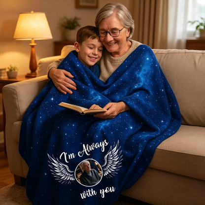 Personalized Starry Sky Angel Wings Photo Memorial Blanket with Custom Name and Text, In Loving Memory Sympathy Gift for Lost Loved One, Remembrance Keepsake Throw Blanket
