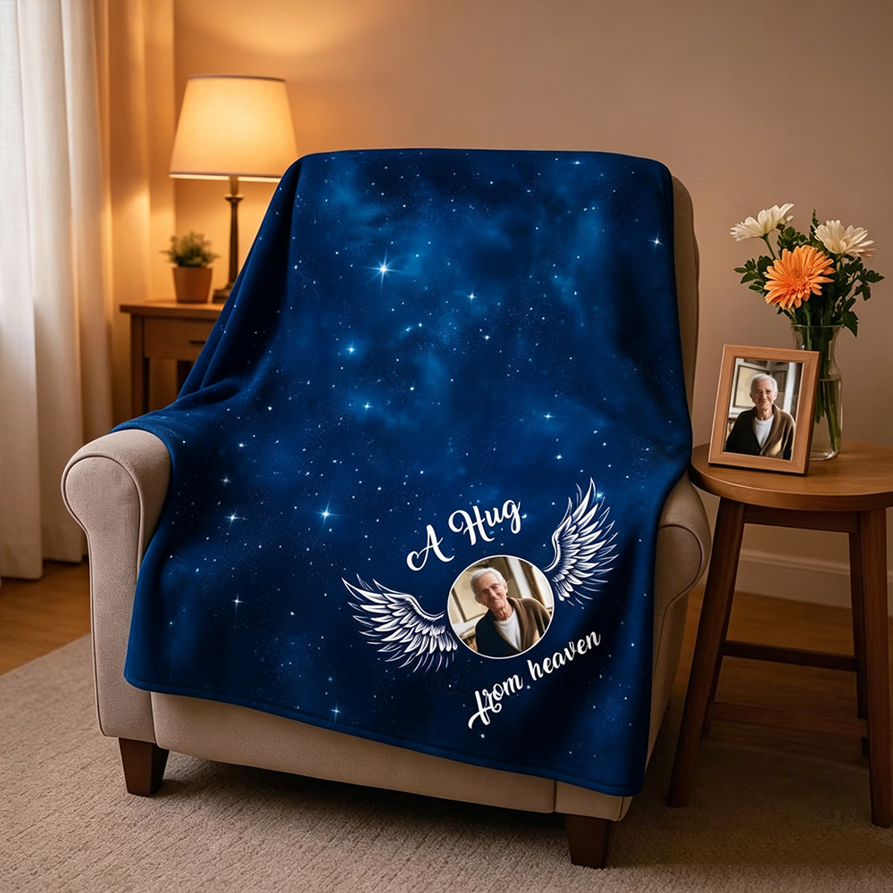 Personalized Starry Sky Angel Wings Photo Memorial Blanket with Custom Name and Text, In Loving Memory Sympathy Gift for Lost Loved One, Remembrance Keepsake Throw Blanket