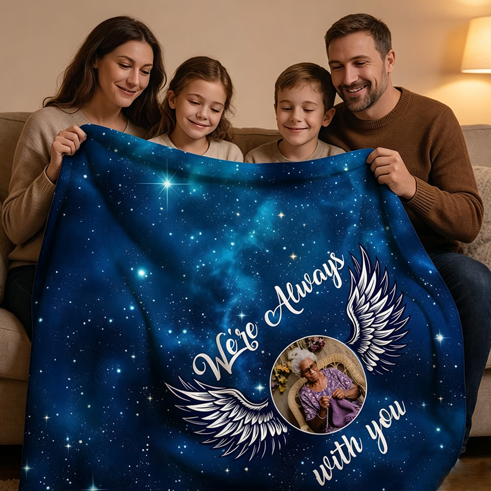 Personalized Starry Sky Angel Wings Photo Memorial Blanket with Custom Name and Text, In Loving Memory Sympathy Gift for Lost Loved One, Remembrance Keepsake Throw Blanket