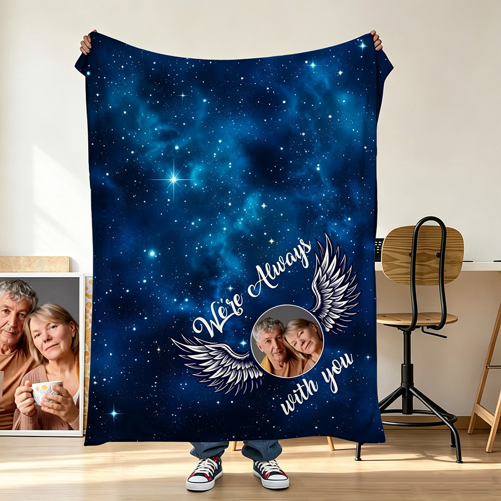 Personalized Starry Sky Angel Wings Photo Memorial Blanket with Custom Name and Text, In Loving Memory Sympathy Gift for Lost Loved One, Remembrance Keepsake Throw Blanket