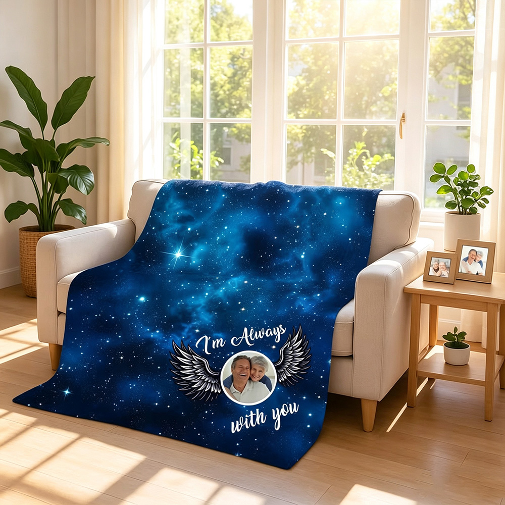 Personalized Starry Sky Angel Wings Photo Memorial Blanket with Custom Name and Text, In Loving Memory Sympathy Gift for Lost Loved One, Remembrance Keepsake Throw Blanket