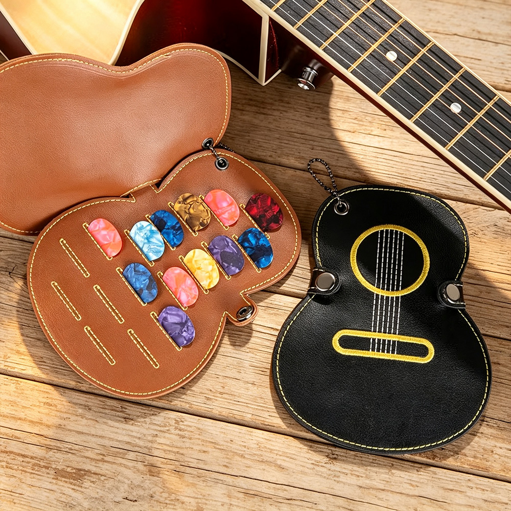 Personalized Guitar Pick Holder, Guitar-Shaped Leather Pick Case with Custom Name & Keychain, Gift for Guitar Lovers