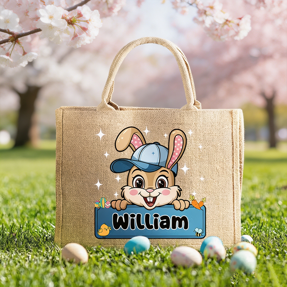 Personalized Easter Bunny Jute Tote Bag with Name, Custom Easter Egg Hunt Bag, Gift for Boys & Girls